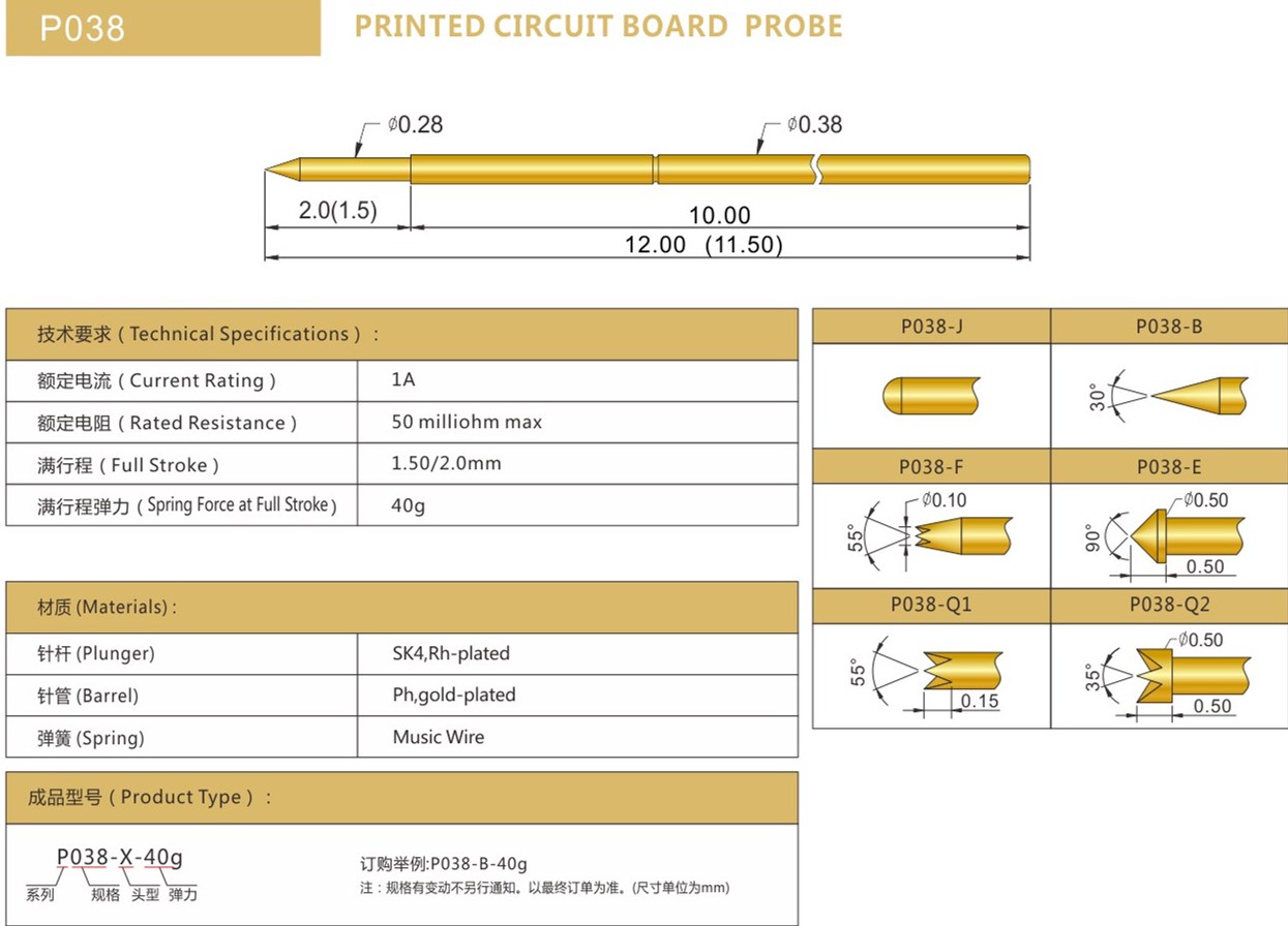 PA038測試探針總參數(shù)，華榮華探針廠家
